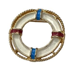 Vintage Red White and Blue Enamel Life Preserver Brooch Nautical